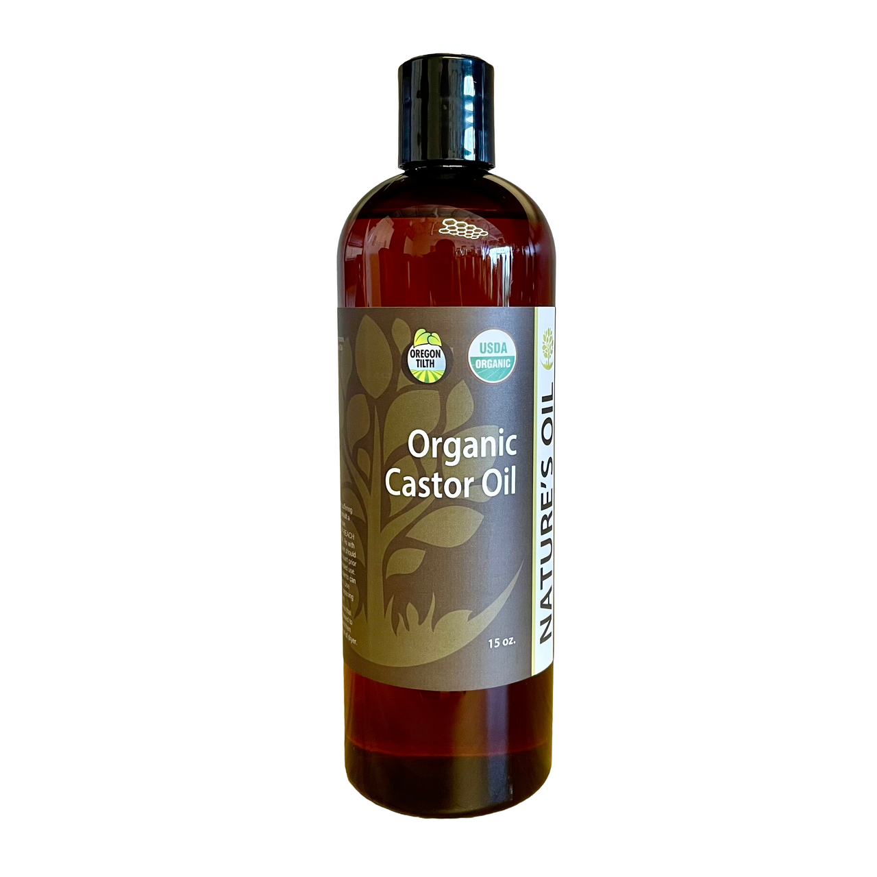 Bottle of Organic Castor Oil with label on a white background