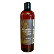 Bottle of fractionated coconut oil with a label on a white background