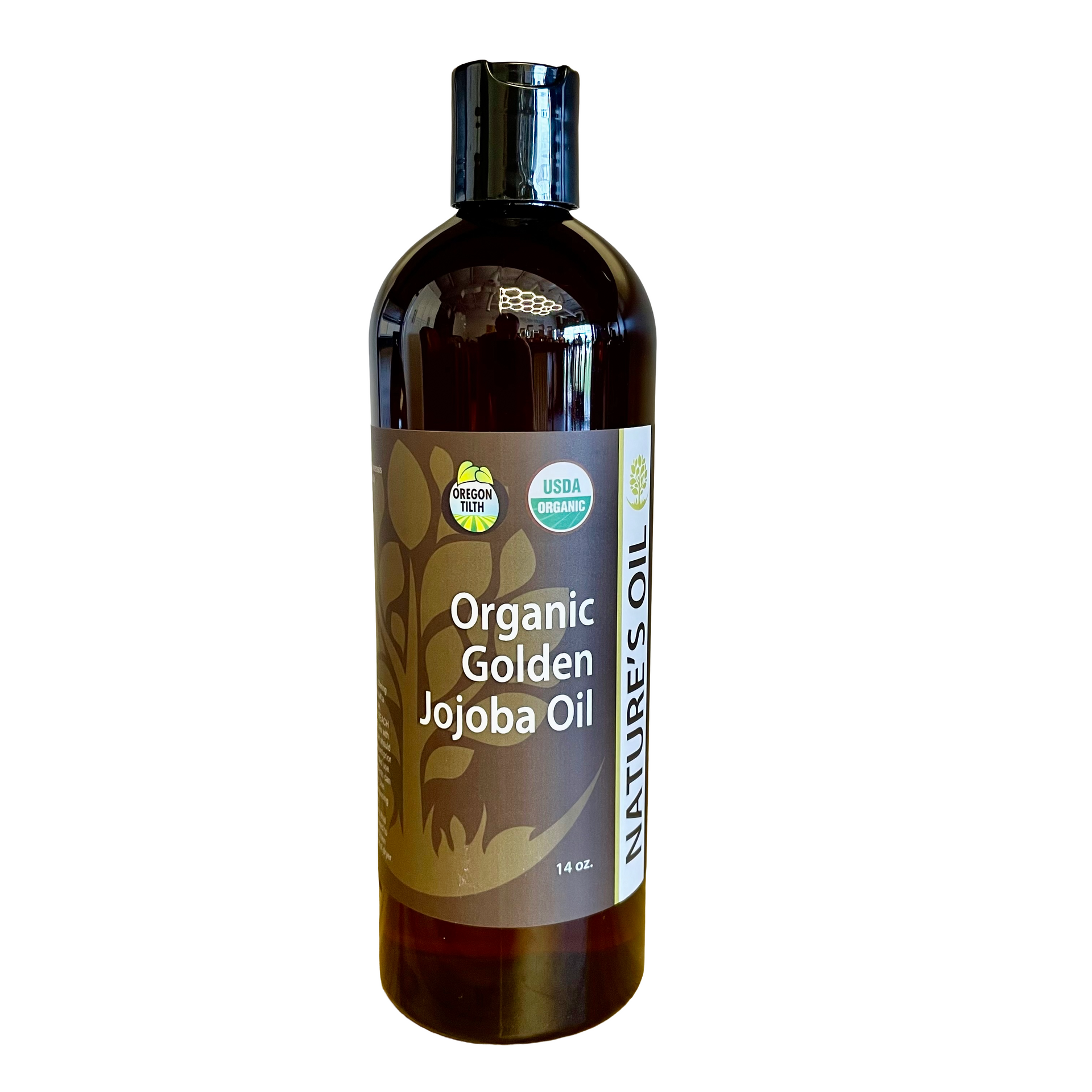 Bottle of Organic Golden Jojoba Oil with label on a white background