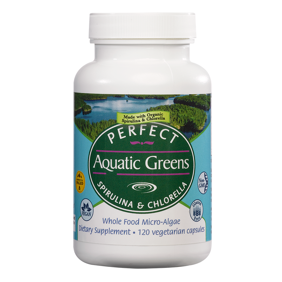 Supplement bottle labeled 'Perfect Aquatic Greens' on a white background