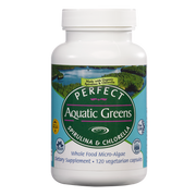Supplement bottle labeled 'Perfect Aquatic Greens' on a white background