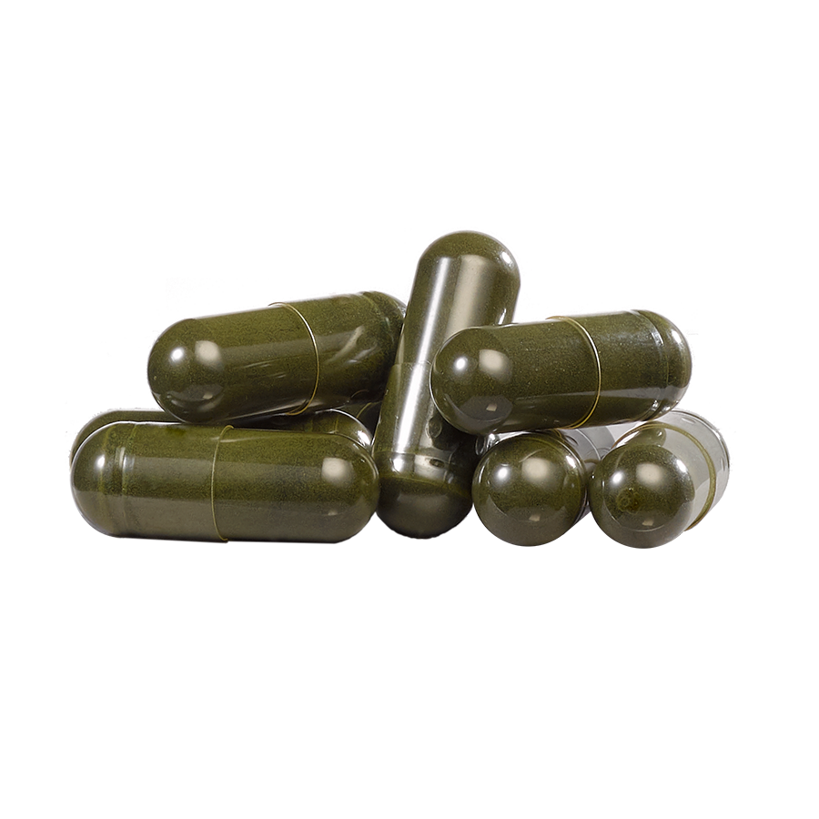 Green capsules on a white background