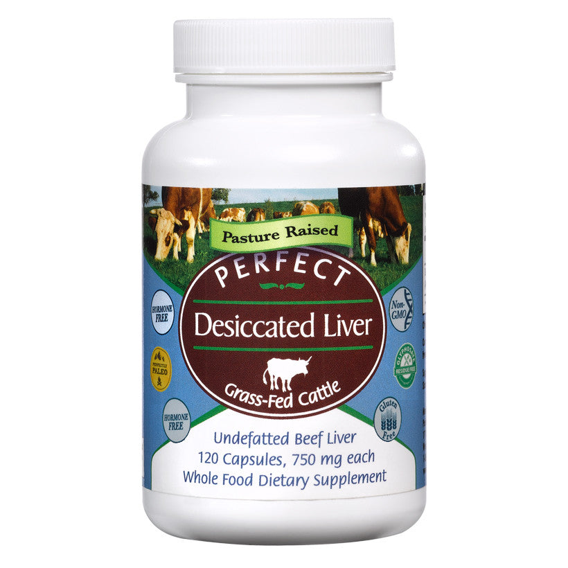 Supplement bottle labeled 'Perfect Desiccated Liver' with cow imagery on a white background