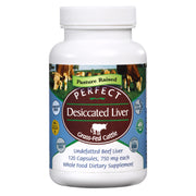 Supplement bottle labeled 'Perfect Desiccated Liver' with cow imagery on a white background