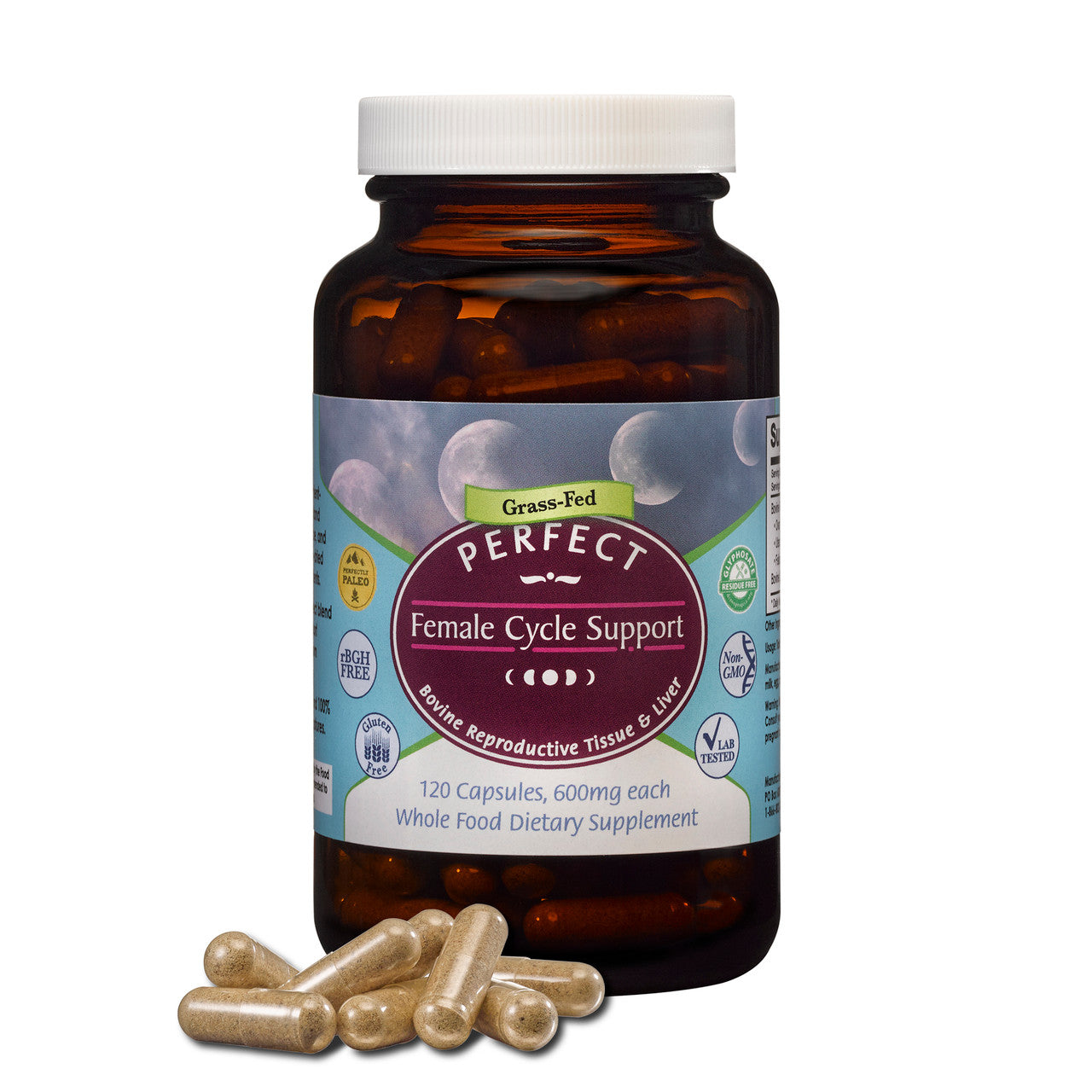 Supplement bottle labeled 'Perfect Female Cycle Support' with capsules on a white background