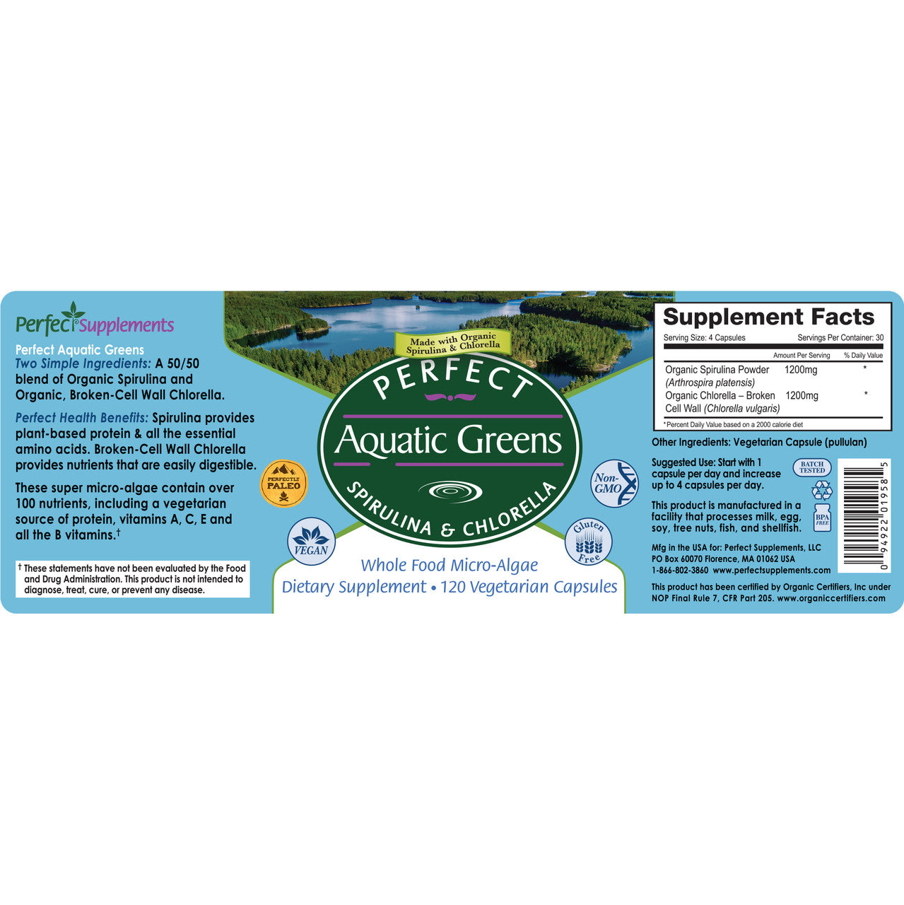 Label of Perfect Aquatic Greens supplement with nature-themed design
