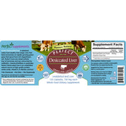 Label of Perfect Supplements Desiccated Liver supplement with cows in the background