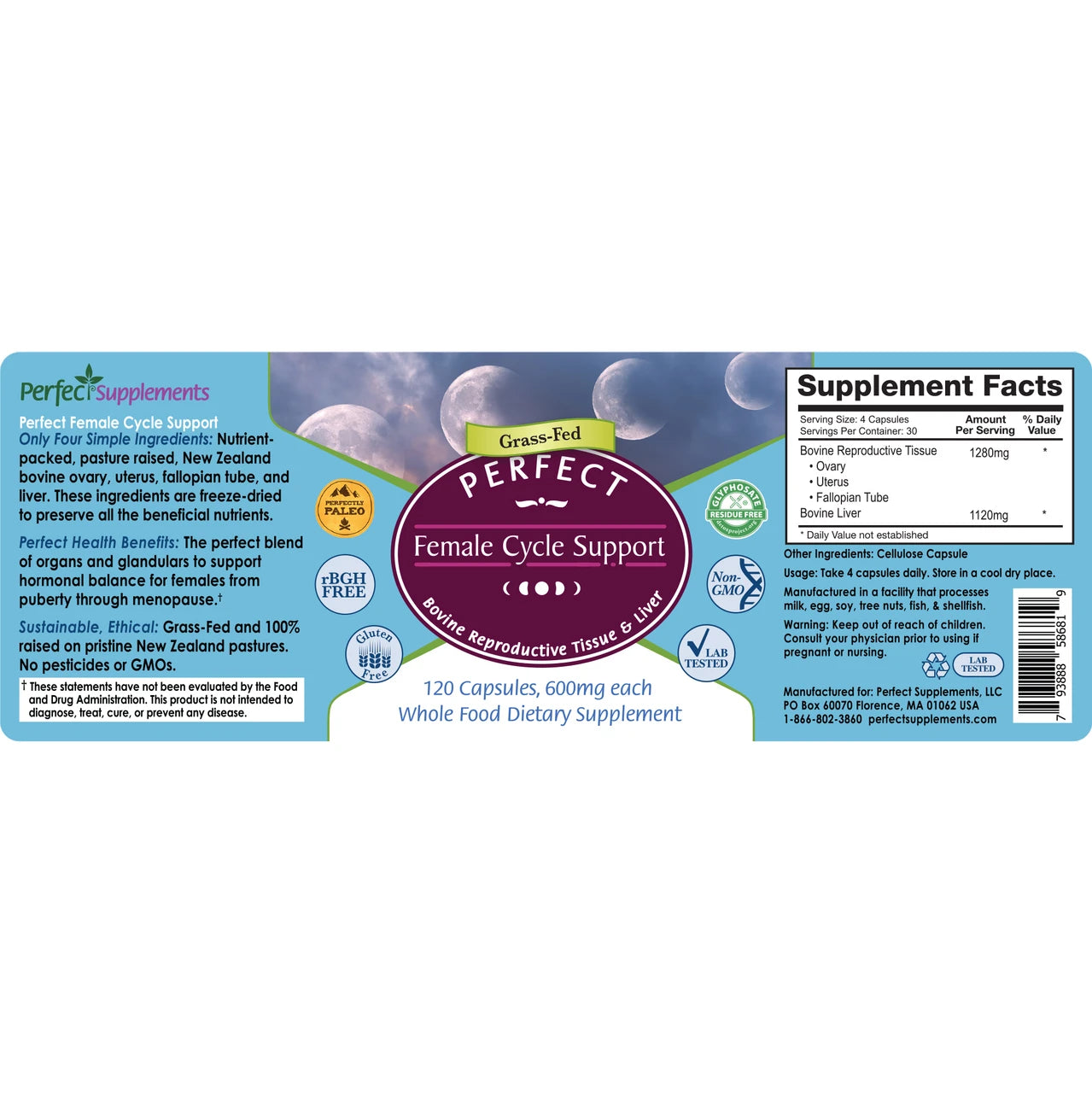 Supplement label for Perfect Female Cycle Support on a white background
