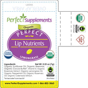 Label for Perfect Supplements Organic Perfect Lip Nutrients Lemongrass on a white background