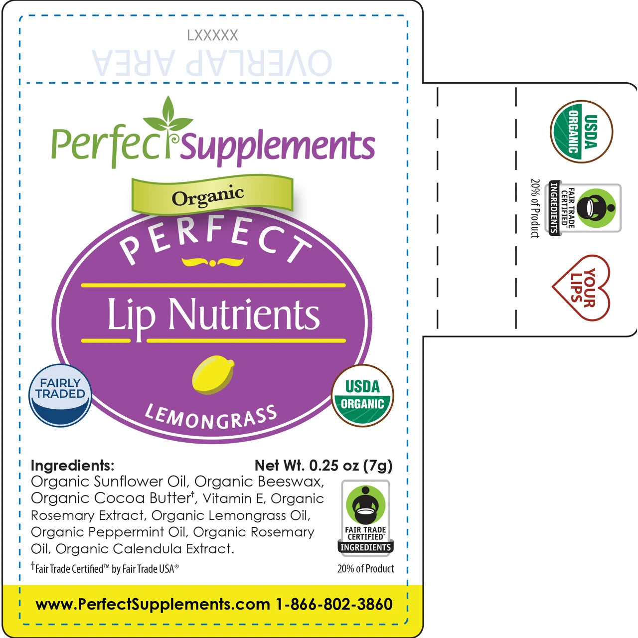 Label for Perfect Supplements Organic Perfect Lip Nutrients Lemongrass on a white background