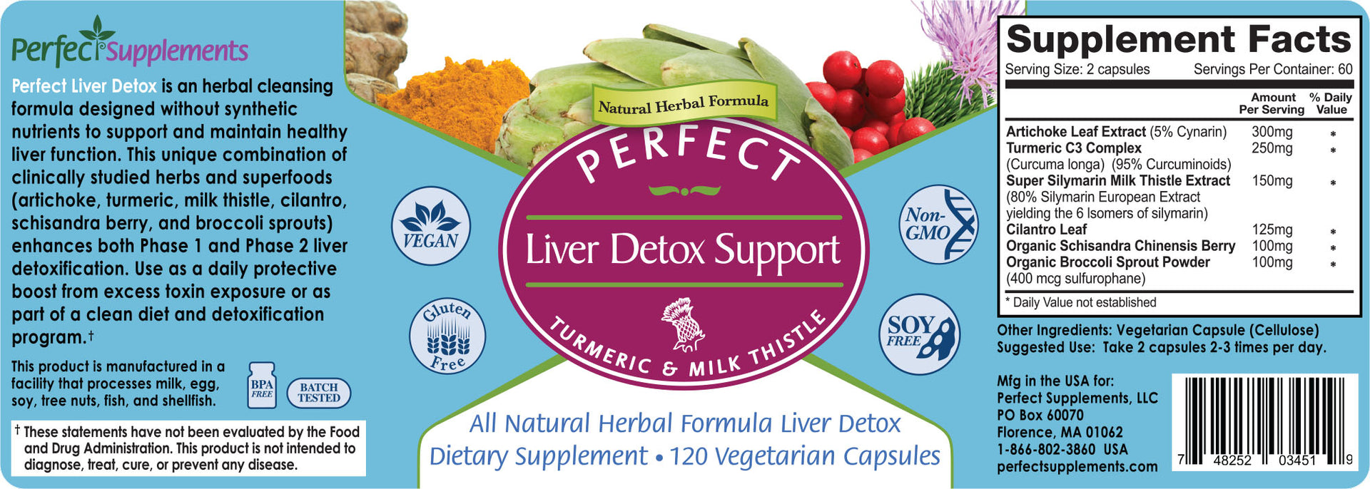 Supplement label for Perfect Supplements Liver Detox Support with ingredients and supplement facts.