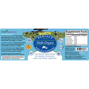 Supplement label for 'Perfect Multi-Organs' with a pastoral scene of cows in the background.