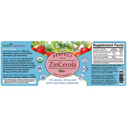 Supplement label for Perfect ZinCerola with a colorful background of fruits and vegetables.
