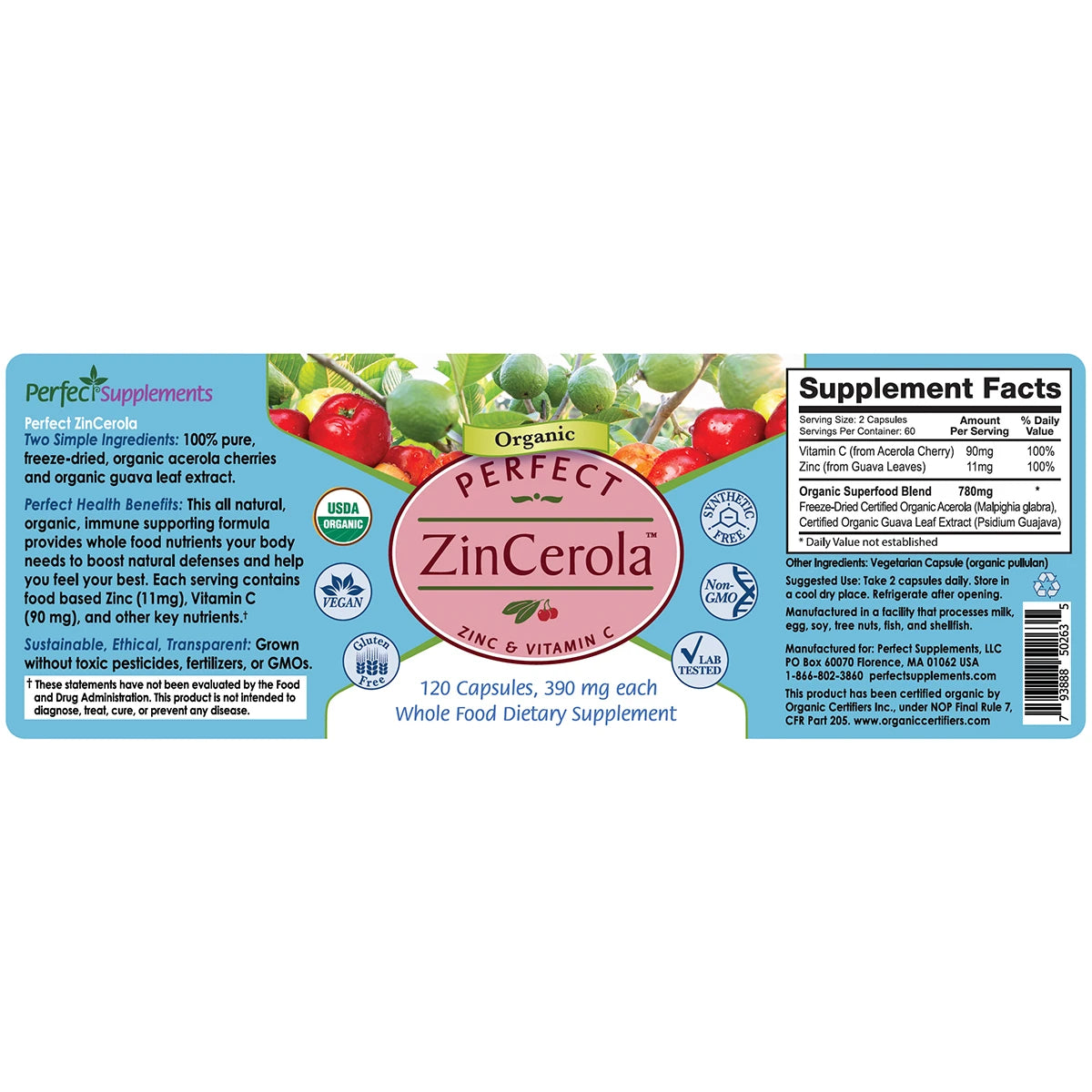Supplement label for Perfect ZinCerola with a colorful background of fruits and vegetables.