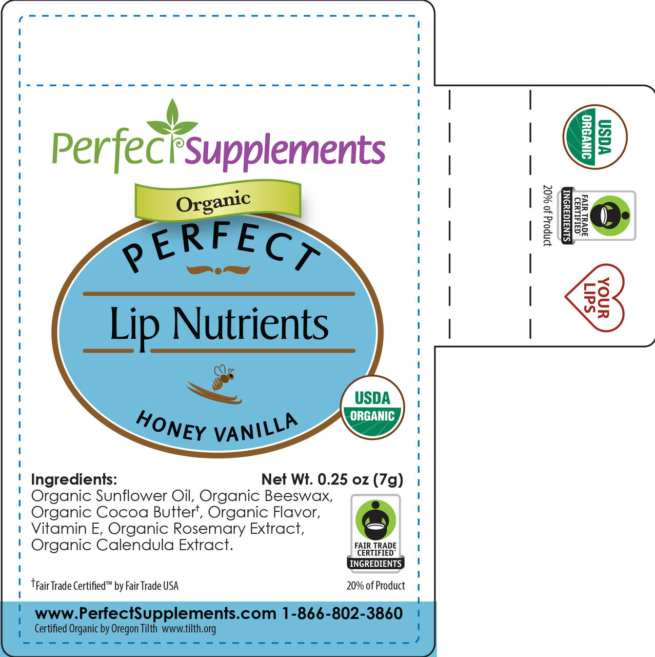 Label for Perfect Supplements Organic Perfect Lip Nutrients in honey vanilla flavor.