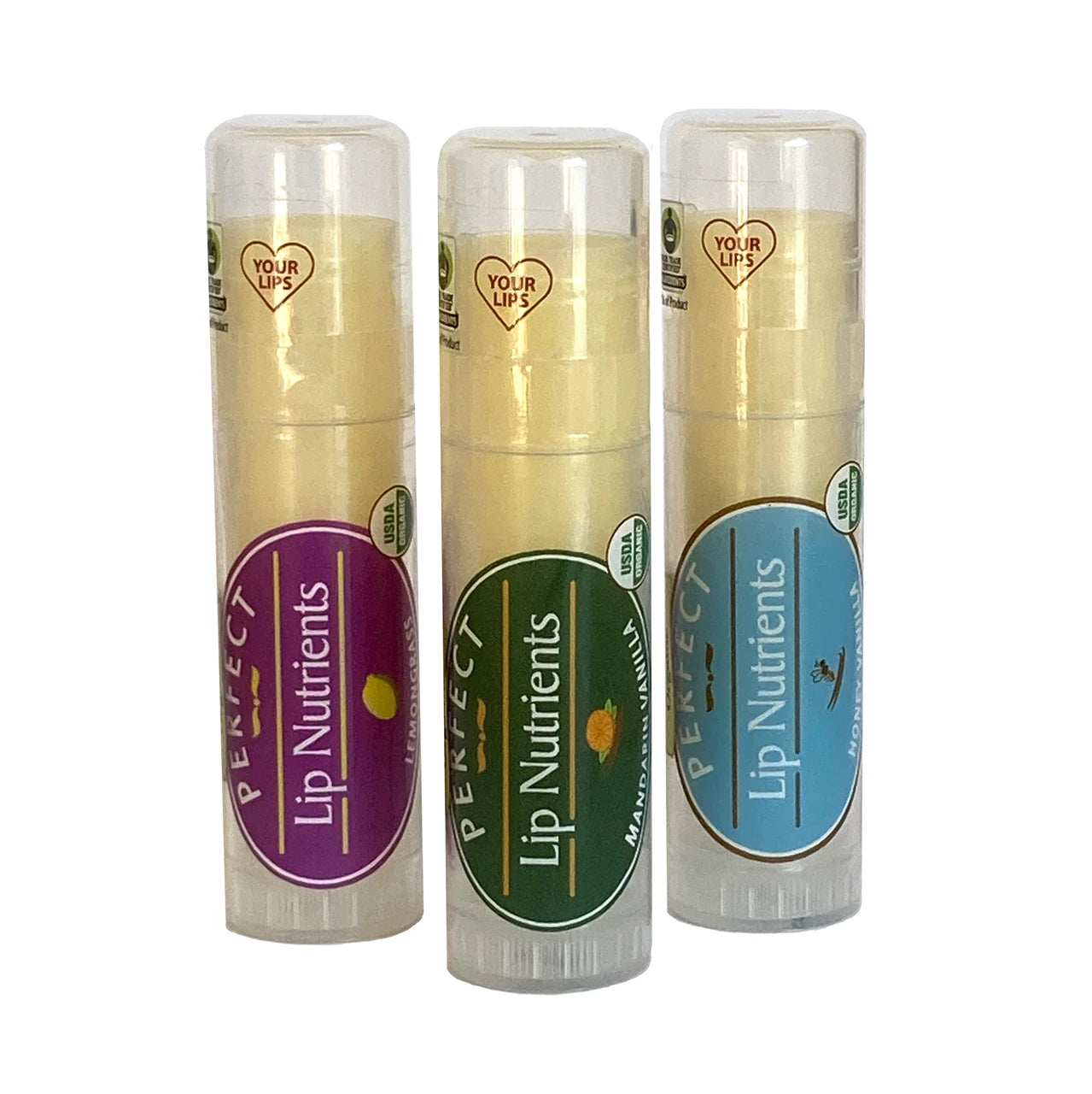 Three lip balm tubes with different colored labels on a white background