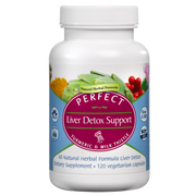 Supplement bottle labeled 'Perfect Liver Detox Support' on a white background