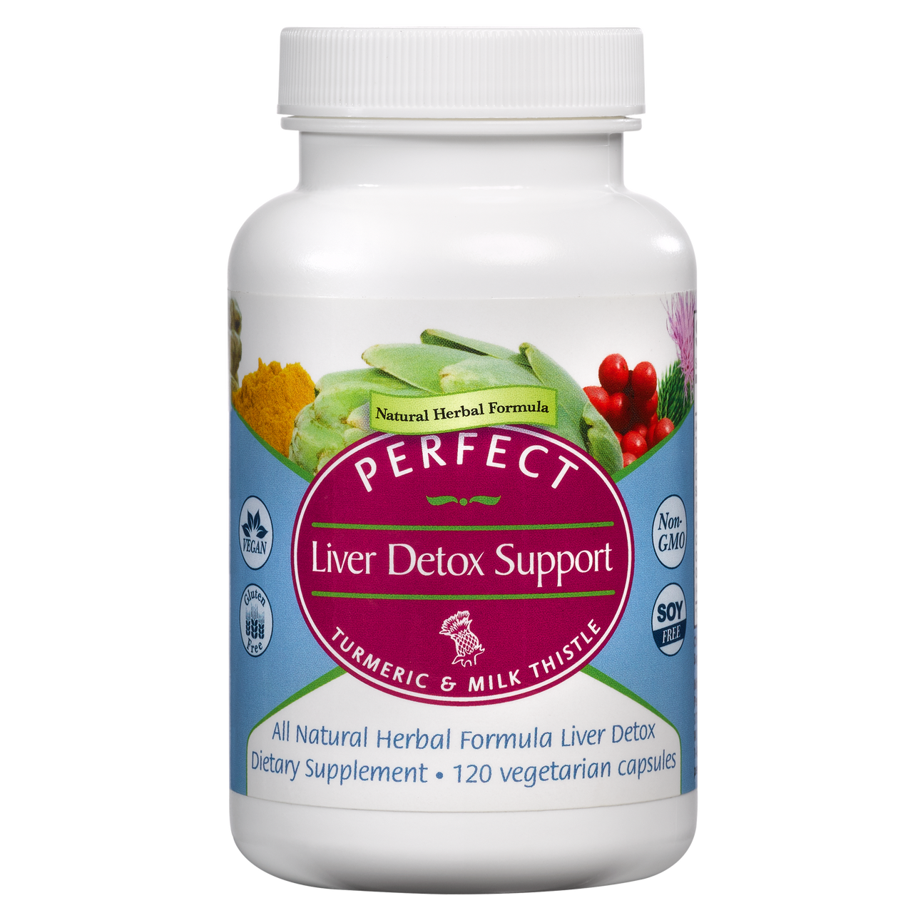 Supplement bottle labeled 'Perfect Liver Detox Support' on a white background