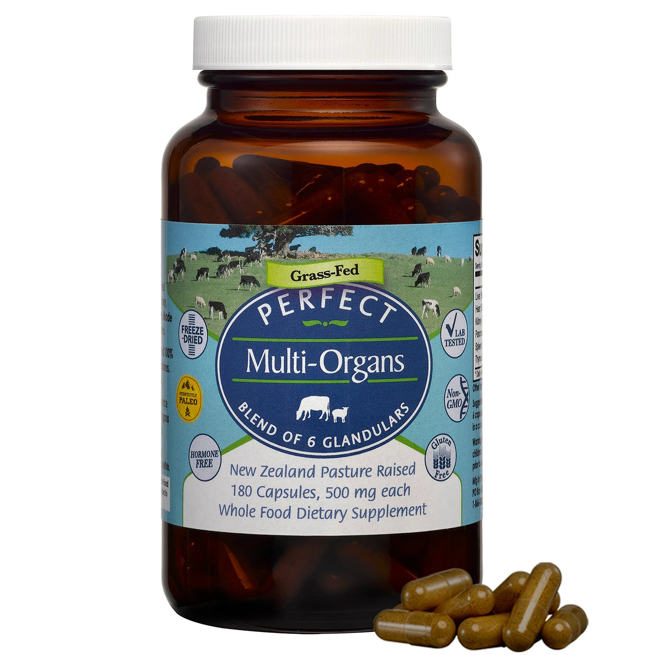 Supplement bottle labeled 'Perfect Multi-Organs' with capsules on a white background
