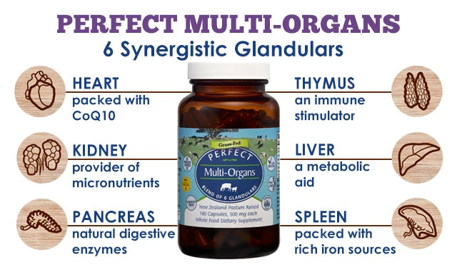 Bottle of 'Perfect Multi-Organs' supplement with labeled organs and benefits on a white background