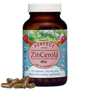 Supplement bottle labeled 'Perfect ZinCerola' with capsules on a white background