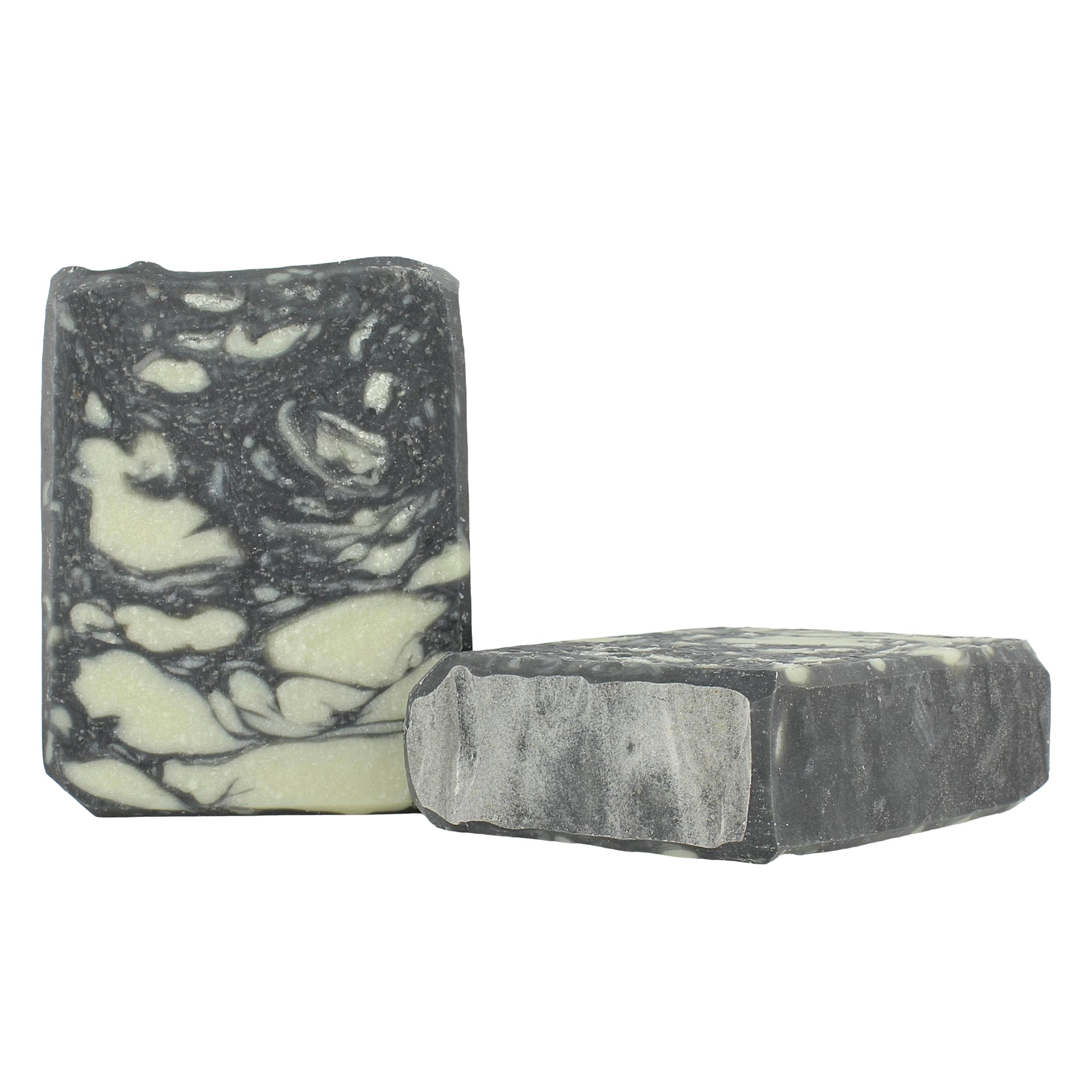 Two bars of soap with a black and white marbled pattern on a white background