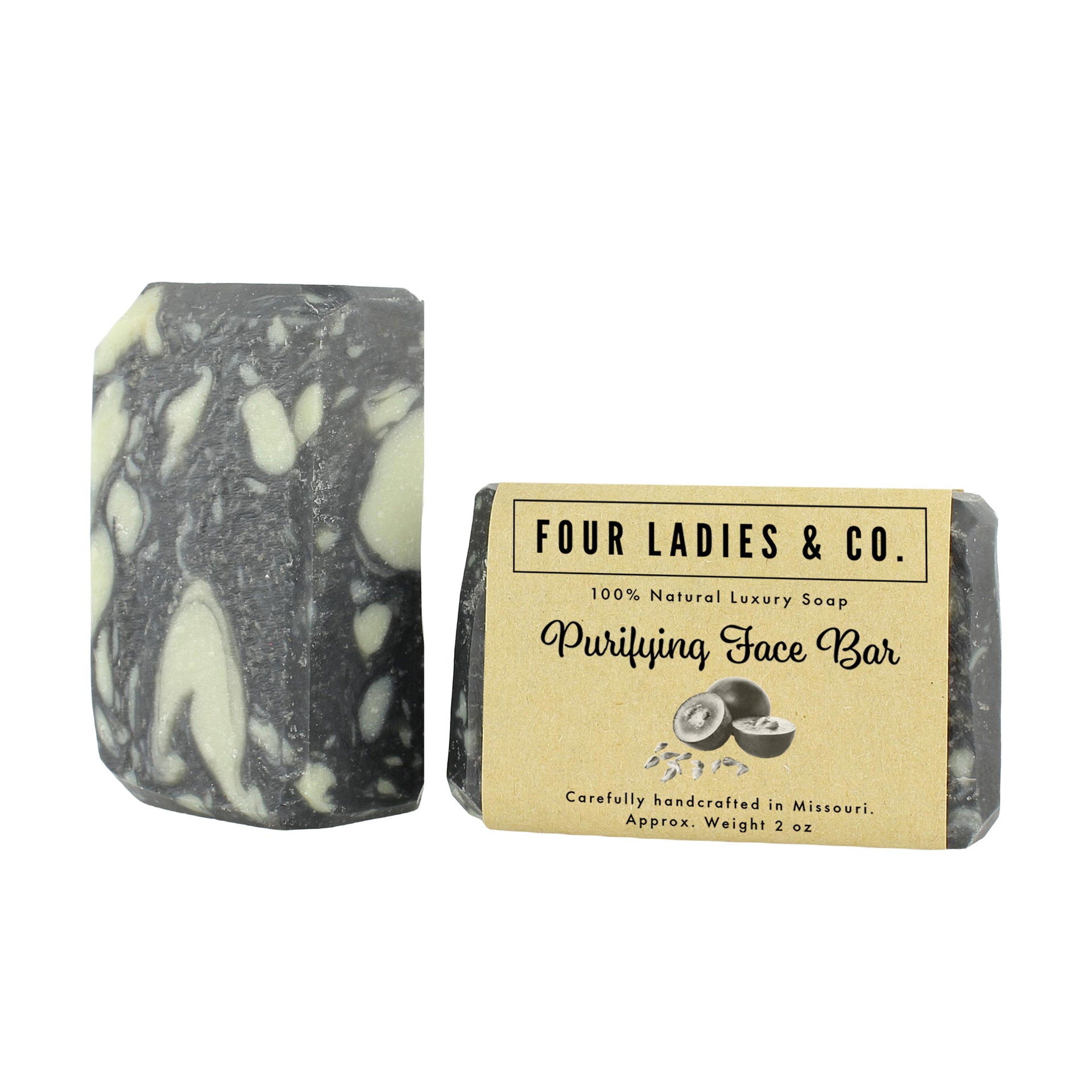 Two soap bars with 'Four Ladies & Co.' packaging on a white background