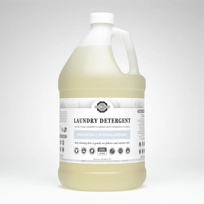 Gallon bottle of laundry detergent on a white background