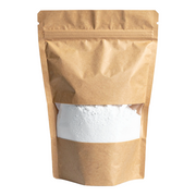 Brown paper bag with a window showing white powder on a white background