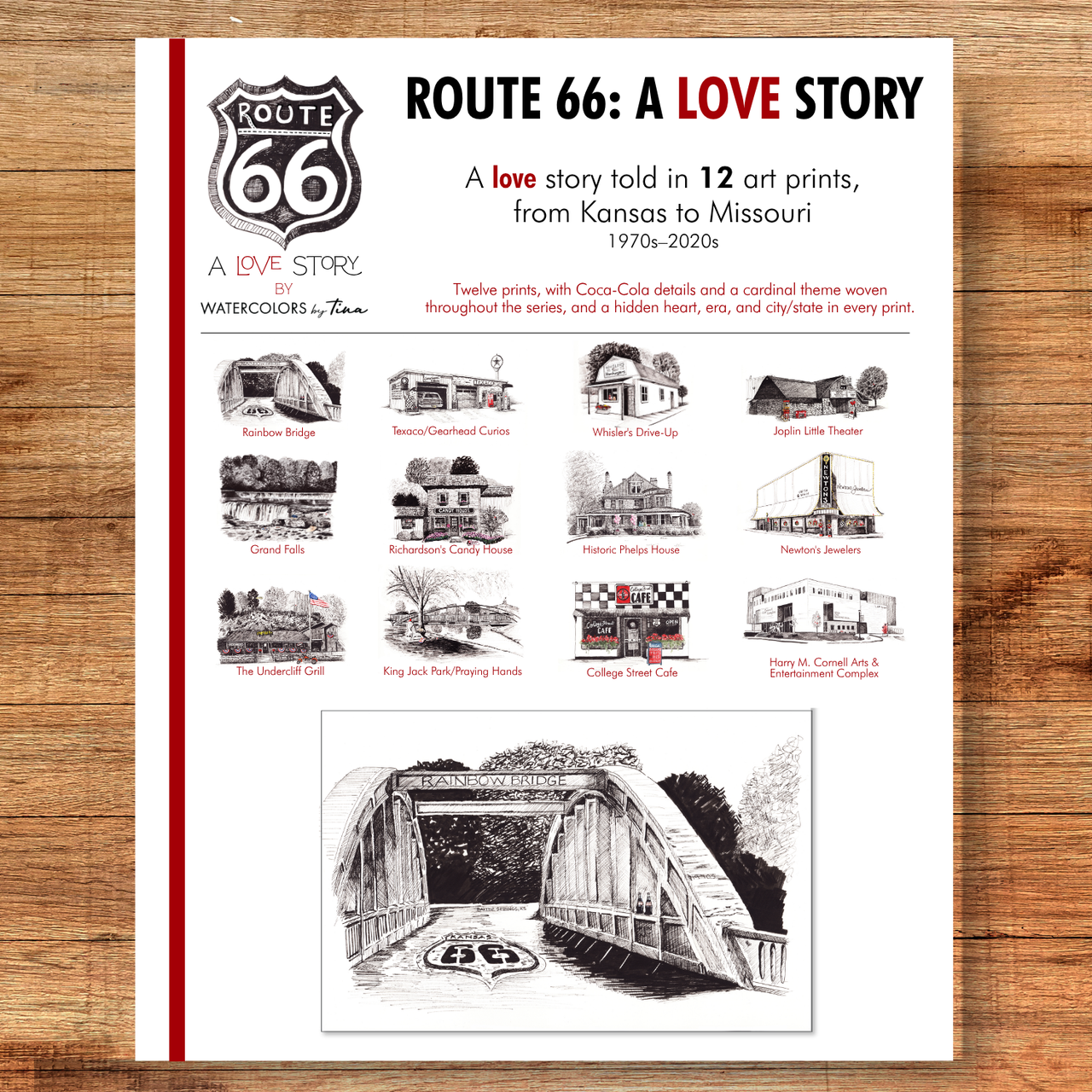 Booklet titled 'Route 66: A Love Story' on a wooden surface