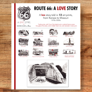 Booklet titled 'Route 66: A Love Story' on a wooden surface