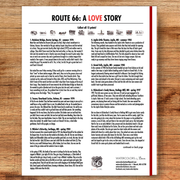 Booklet titled 'Route 66: A Love Story' on a wooden surface