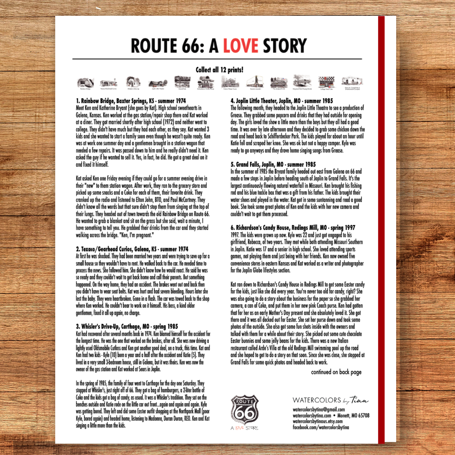 Booklet titled 'Route 66: A Love Story' on a wooden surface