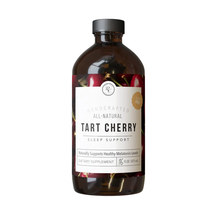 Bottle of Rowe Casa tart cherry sleep support supplement on a white background