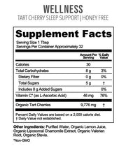 Supplement facts label for Tart Cherry Sleep Support with honey-free indication.