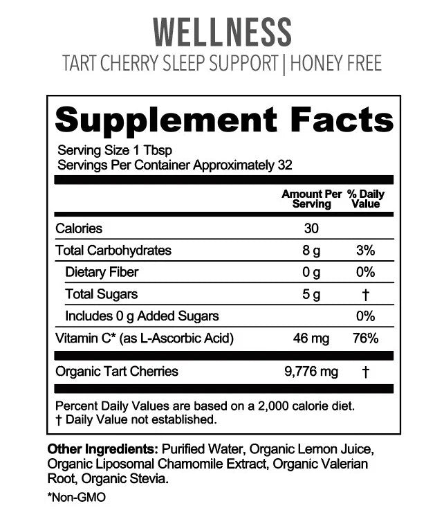 Supplement facts label for Tart Cherry Sleep Support with honey-free indication.