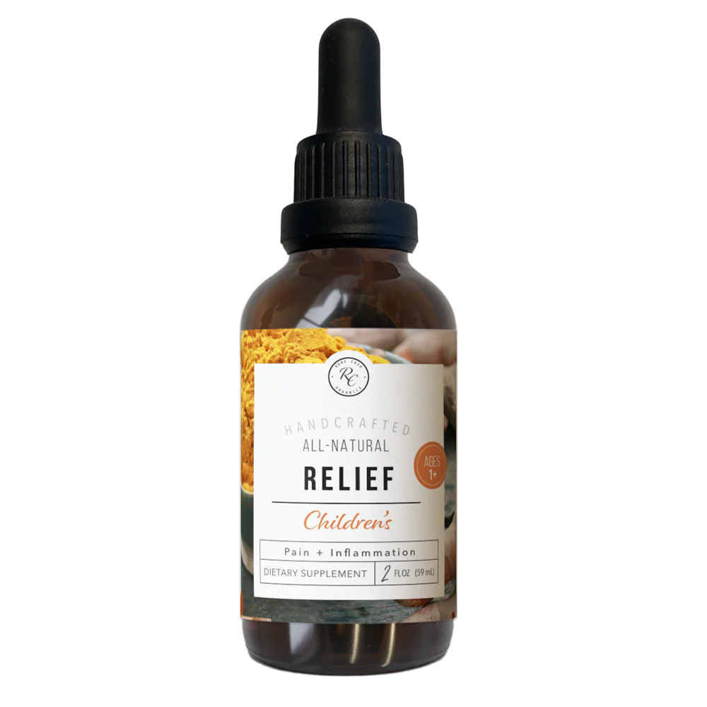 Rowe Casa Bottle of 'All-Natural Relief' children's dietary supplement with a dropper on a white background