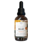 Rowe Casa Bottle of 'All-Natural Relief' children's dietary supplement with a dropper on a white background