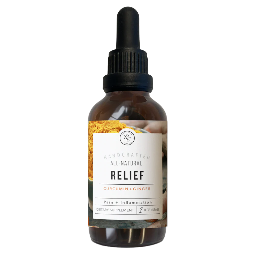 Rowe Casa Bottle of 'Relief' dietary supplement with a dropper on a white background