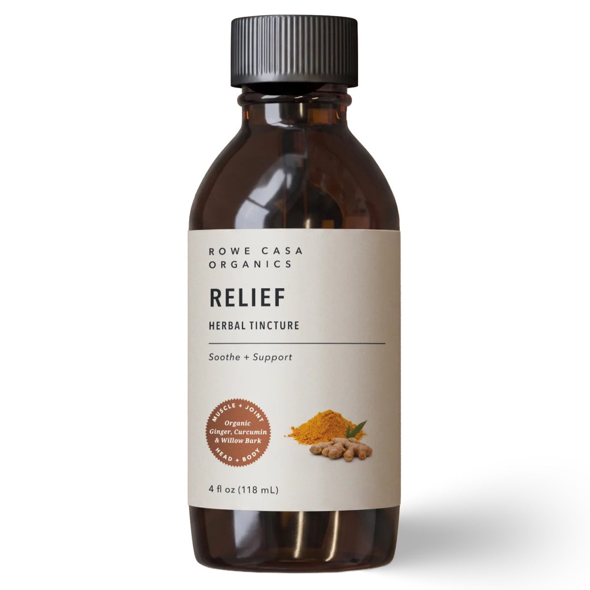 A 4 fl oz amber glass bottle of Rowe Casa Organics Relief Herbal Tincture with a black ribbed cap and a cream-colored label, shown on a white background with a soft shadow.