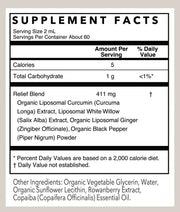 A supplement facts label for a relief blend, showing serving size 2 mL, 60 servings per container, and a list of ingredients including organic liposomal curcumin, ginger, black pepper, and other botanical extracts.