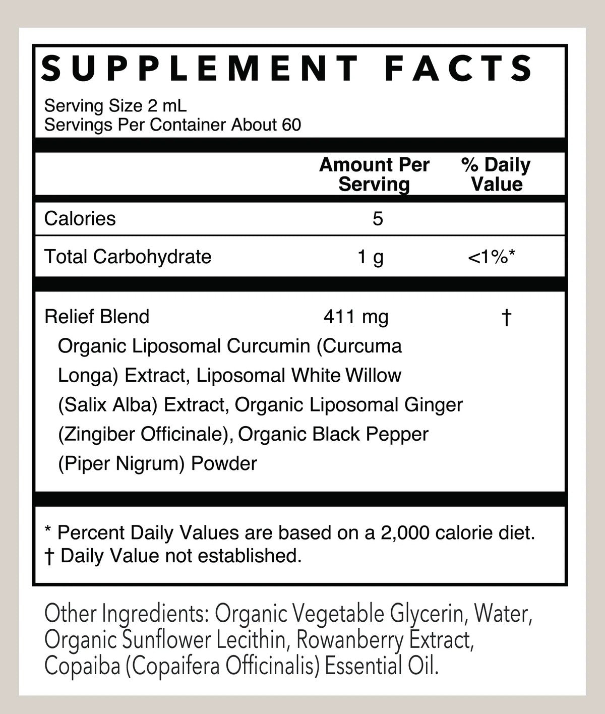 A supplement facts label for a relief blend, showing serving size 2 mL, 60 servings per container, and a list of ingredients including organic liposomal curcumin, ginger, black pepper, and other botanical extracts.