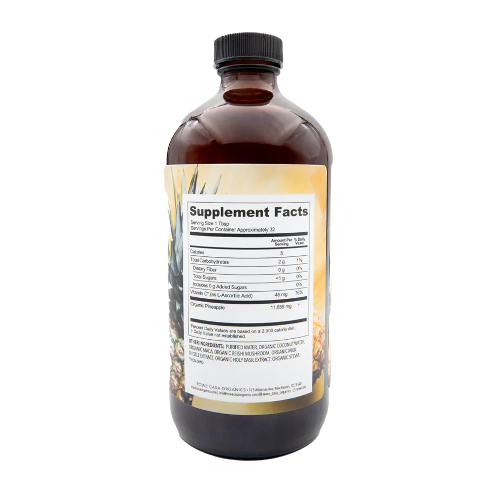 Rowe Casa Bottle of liquid supplement with a label showing 'Supplement Facts' on a white background
