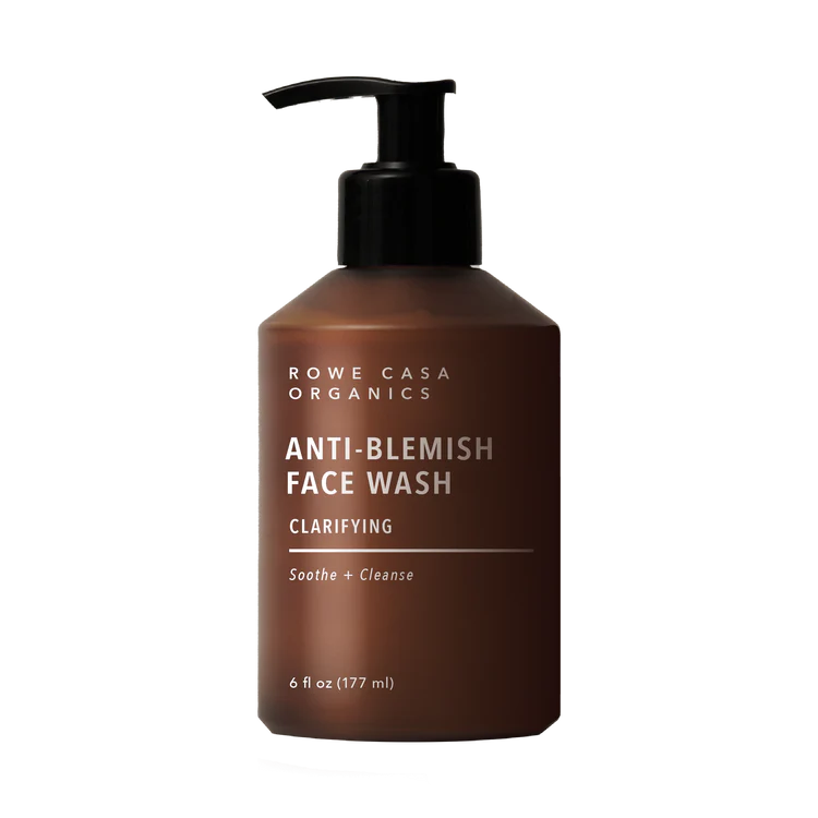 Brown bottle of Rowe Casa Organics Anti-Blemish Face Wash on a white background
