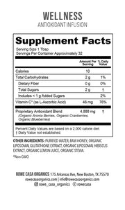 Rowe Casa Supplement facts label for a wellness antioxidant infusion product.
