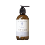Rowe Casa Brown bottle of baby body lotion with a pump on a white background