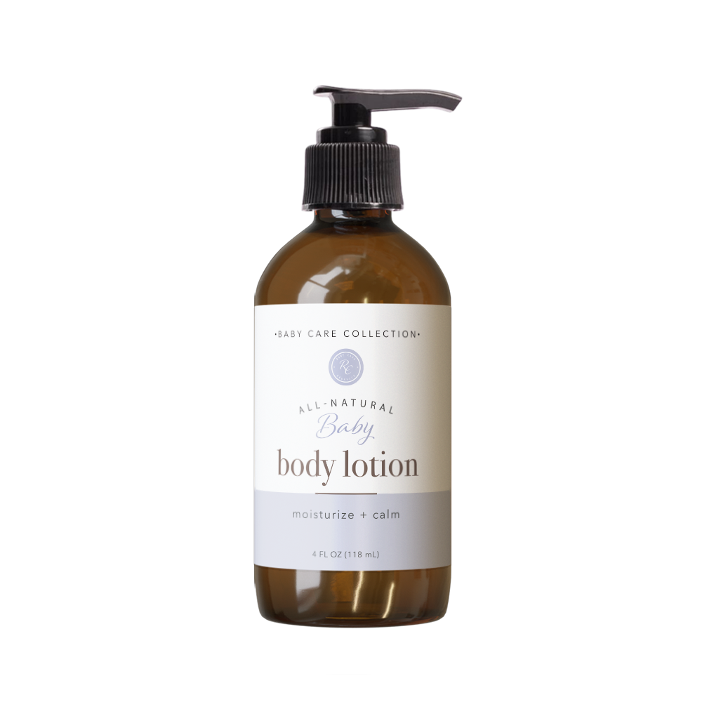 Rowe Casa Brown bottle of baby body lotion with a pump on a white background