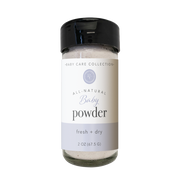 Rowe Casa Bottle of all-natural baby powder with a black cap on a white background