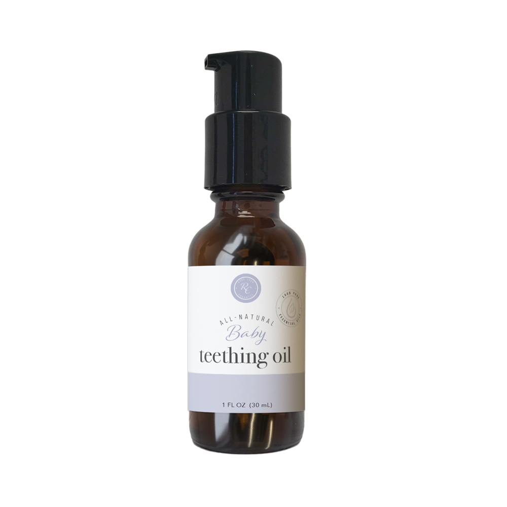 Rowe Casa Bottle of teething oil with a black pump on a white background