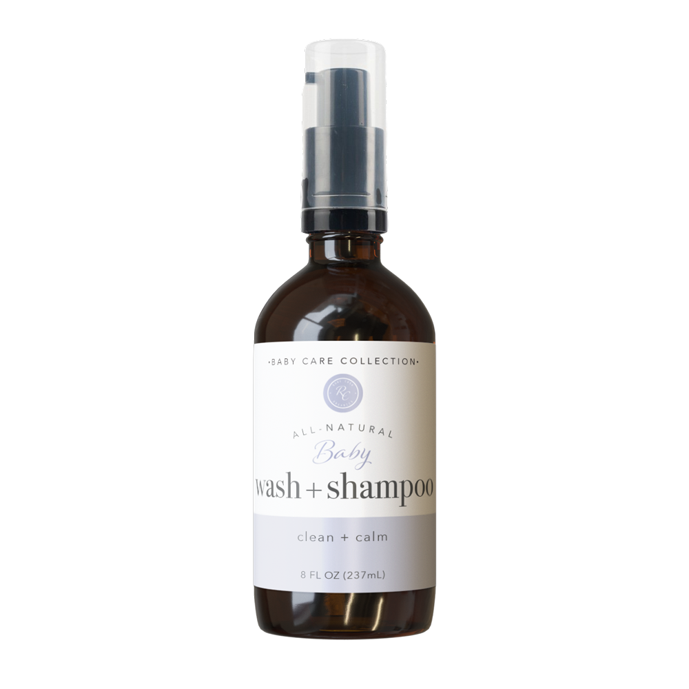 Rowe Casa Baby wash and shampoo bottle with a label on a white background